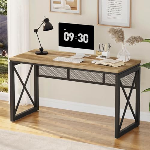 BON AUGURE 54 Inch Farmhouse Computer Desk, Industrial Home Office Desk with Metal Frame, Rustic Wood Writing Desk Study Table Workstation for Bedroom, Office, Vintage Oak - color: Vintage Oak, size: 54"W