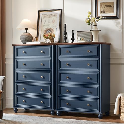 RWYHG Farmhouse 5 Drawer Dresser Set of 2, Chest of Drawers for Bedroom | 45" Tall Blue Vertical Dressers with 4 Wooden Legs, Metal Handles, Storage Organizer for Living Room, Hallway, Closet - color: Navy Blue Set 2, size: 15.8"D x 31.5"W x 45"H (5 Drawe
