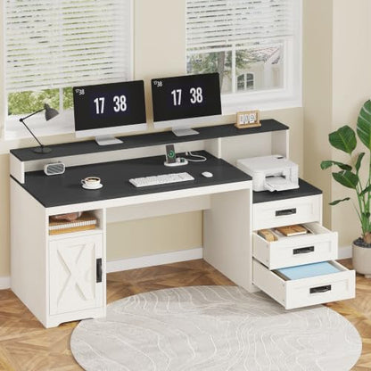 65" Farmhouse Computer Desk with Drawers and Printer Stand for Home Office | Office Desk with Power Outlets and Storage Cabinet, Study Writing Desks with Long Monitor Stand, Black and White - color: Black and White