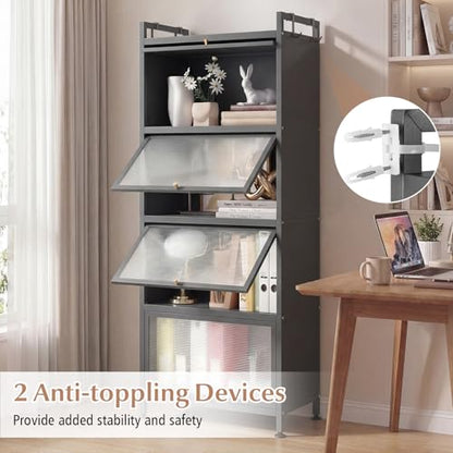 LDAILY 5-Tier Kitchen Storage Cabinet, Mobile Microwave Stand with Metal Frame, Double Anti-toppling Device, 4 Rolling Casters, Freestanding Bakers Rack for Kitchen, Dining Room, Living Room (Grey) - color: Grey