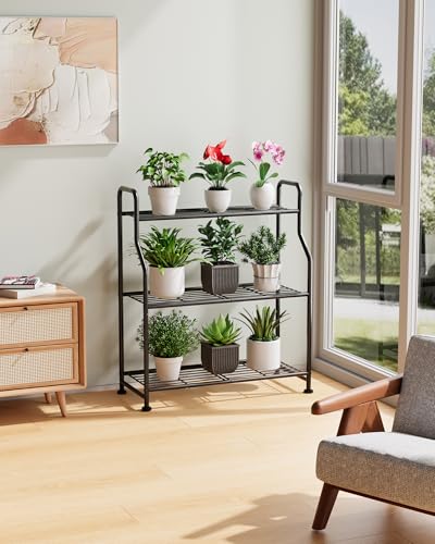 Kitsure 3-Tier Plant Stand Indoor & Outdoor, 27" x 11.4" x 29.3", Black | Metal Plant Shelf with Adjustable Leveling Feet, Easy to Assemble Planter Stand for Patio, Balcony, or Garden, Plant Shelves - size: 27" x 11.4" x 29.3"