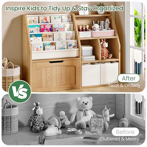 CHOEZON Kids Bookshelf, Children's Bookcase with 4 Sling Book Shelves, Toy Storage Cubby, Fabric Storage Baskets, Wooden Book Shelf for Kids' Room, Playroom, Nursery, Natural and White MCW17NL - color: Natural and White