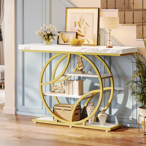 Huuger 47.2 Inch Entryway Table with Marble Top, Modern Console Sofa Table, Accent Table with Shelves, for Entry, Hallway, Entrance, Foyer, O-Shaped Metal Frame, White Marble & Gold - color: Marble Gold, size: 11.8"D x 47.2"W x 33.5"H