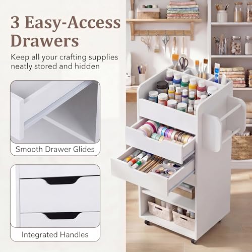 Tangkula Rolling Storage Drawer Cart, Home Office Mobile Drawer Cart, Wooden Utility Cart Storage Cabinet w/ 3 Drawers & 3 Open Storage Shelves, Paper Organizer w/Lockable Casters