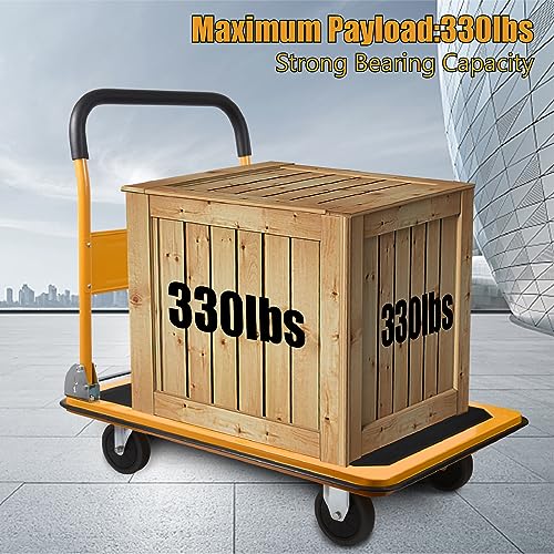 LEADALLWAY Foldable Push Cart Platform Truck 330lbs Capacity with 2 Ropes | 4 Wheels, 28.7"x18.5"x32.3", Small Flatbed Cart, Yellow, Protable - color: Yellow