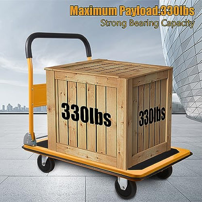 LEADALLWAY Foldable Push Cart Platform Truck 330lbs Capacity with 2 Ropes | 4 Wheels, 28.7"x18.5"x32.3", Small Flatbed Cart, Yellow, Protable - color: Yellow