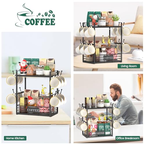 EsLuker.ly Coffee Mug Cup Holder Tree Bar Station Organizer, 2 Tier Mug Stand Rack for Countertop Kitchen, Storage Tower Display Shelf with 12 Hooks, Coffee Nook Enhancer, Black - color: Black + Black