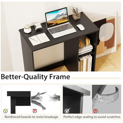 Tangkula Small Desk with Shelves, Compact Desk for Small Space, Study Writing Table with 2 Tier Shelves, Modern Simple Style Laptop PC Table (Black) - color: Black