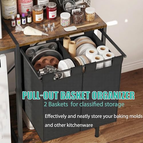 YITAHOME Kitchen Bakers Rack with Storage Shelves, Coffee Bar Table | 4 Tiers ＆ 5 Hooks, 45.3" Large Freestanding Kitchen Shelves, Mini Fridge Cabinet with Storage for Dining Room, Retro Brown - size: 55"×47.2"