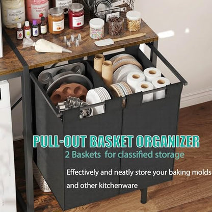 YITAHOME Kitchen Bakers Rack with Storage Shelves, Coffee Bar Table | 4 Tiers ＆ 5 Hooks, 45.3" Large Freestanding Kitchen Shelves, Mini Fridge Cabinet with Storage for Dining Room, Retro Brown - size: 55"×47.2"