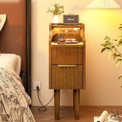 Fluted Narrow Nightstand with Charging Station, Solid Wood Night Stand with 2 Drawers, Walnut Mid Century Modern Led Nightstand, Small Beside Table with Open Storage Shelf for Bedroom （10 inch） - color: Walnut