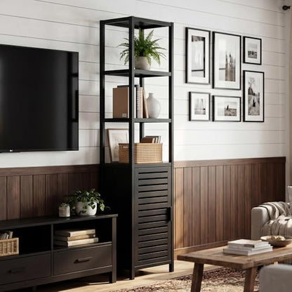 HITNET Bathroom Cabinet Freestanding, Tall Slim Bamboo Storage Cabinet with Single Door and Open Shelves, Space Saving Kitchen Cupboard Organizer, Black - color: Black