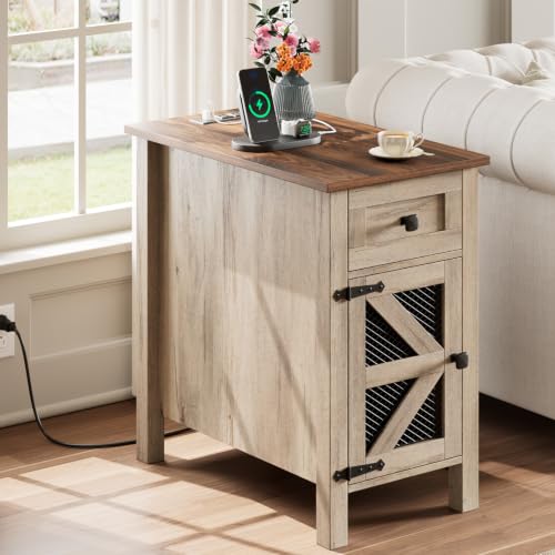 HAIOOU Farmhouse End Table with Charging Station, Narrow Side Tables with Storage Cabinet and Drawer, Modern Wooden Nightstand with Power Outlets & USB Ports for Living Room,Bedroom (Washed Grey) - color: Washed Grey and Brown, size: 23.6"D x13.8"W x 23.6