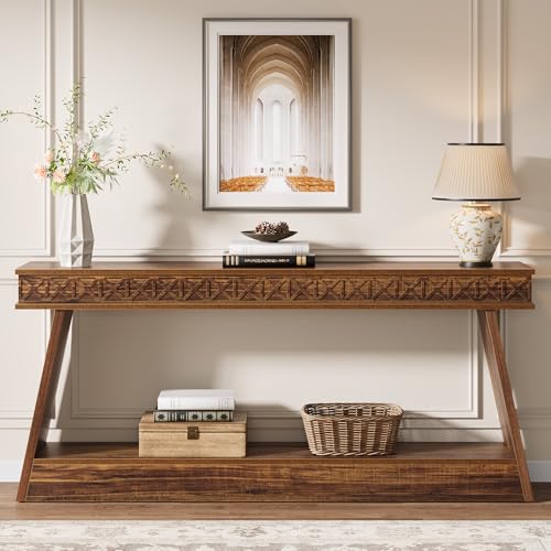 Tribesigns 70.9 Inch Long Console Table for Entryway, 2-Tier Farmhouse Entryway Table with Storage, Narrow Sofa Table Behind the Couch, Wood Accent Table for Hallway, Living Room, Foyer, Dark Brown - color: Dark Brown