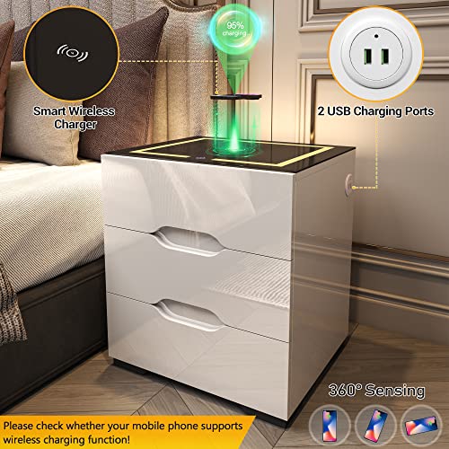 kepptory White Smart Nightstand with Wireless Charging Station & Adjustable LED Lights, High Gloss End Table with 3 Drawers & USB Charging, Bedside Table Organizer for Bedroom Use - color: White