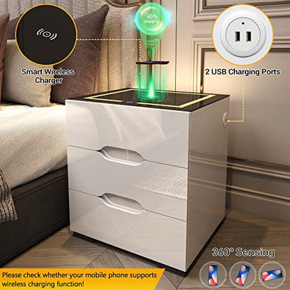 kepptory White Smart Nightstand with Wireless Charging Station & Adjustable LED Lights, High Gloss End Table with 3 Drawers & USB Charging, Bedside Table Organizer for Bedroom Use - color: White