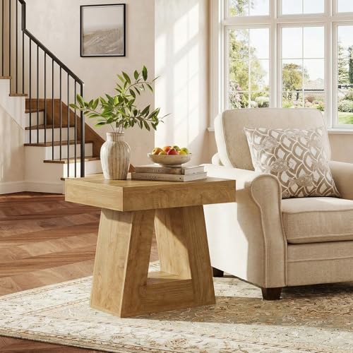 Tribesigns 24" Side Table, Narrow End Table with 2-Tier Storage Shelf, Farmhouse Wooden Nightstand Accent Table with Trapezoid Base for Living Room, Bedroom, Small Spaces, Natural Oak Color - color: Natural Oak