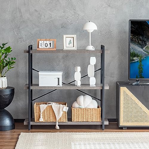 HCHQHS Bookshelf, 3-Tier Industrial Bookcase, Rustic Open Book Shelf, Freestanding Horizontal Bookshelves with Metal Frame - color: Grey, size: 3-Tier (35.8"W x 35.8"H)