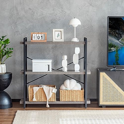 HCHQHS Bookshelf, 3-Tier Industrial Bookcase, Rustic Open Book Shelf, Freestanding Horizontal Bookshelves with Metal Frame - color: Grey, size: 3-Tier (35.8"W x 35.8"H)