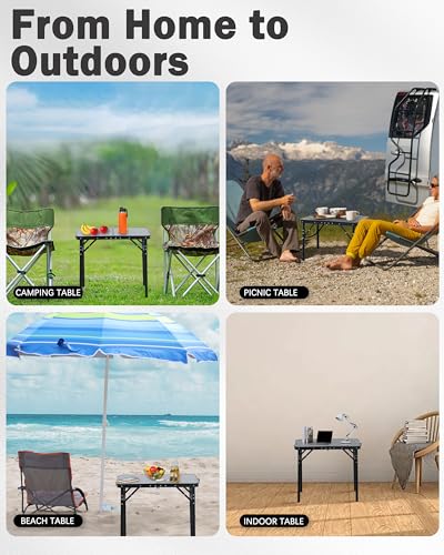LOFTEY 2024 Reinforced Small Folding Table Portable, Small Foldable Camping Table, Heavy-Duty Mini Folding | Adjustable Height | Lightweight Premium Aluminum with Handle | Black 25"x16"x22" - color: Black