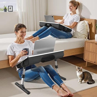 FoldWise 2-in-1 Lap & Bed Desk with Soft Cushions - Adjustable Height & Angle, Foldable Laptop Stand for Bed & Couch - Wrist Rest, iPad Holder, Stopper & Non-Slip Leather - Bed Table for Adults & Kids - color: Black