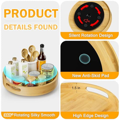 Lazy Susan Organizer Homerays 13 Inch Non-Skid Bamboo Lazy Susan for Kitchen Rotating Spice Rack with Handles, Wood Turntable for Kitchen Cabinet,Countertop (Bamboo, Large) - size: 13" High Rim Bamboo