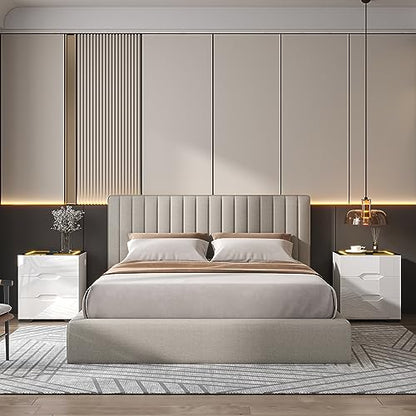 kepptory White Smart Nightstand with Wireless Charging Station & Adjustable LED Lights, High Gloss End Table with 3 Drawers & USB Charging, Bedside Table Organizer for Bedroom Use - color: White