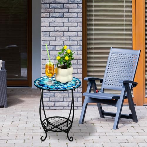 Cinnvoice Outdoor Side Table Round Small Mosaic Patio Accent Indoor End Plant Coffee Tea Table for Yard Patio Porch Garden Living Room, Bedroom(Mandala Flower Style,14 Inch)