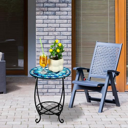 Cinnvoice Outdoor Side Table Round Small Mosaic Patio Accent Indoor End Plant Coffee Tea Table for Yard Patio Porch Garden Living Room, Bedroom(Mandala Flower Style,14 Inch)