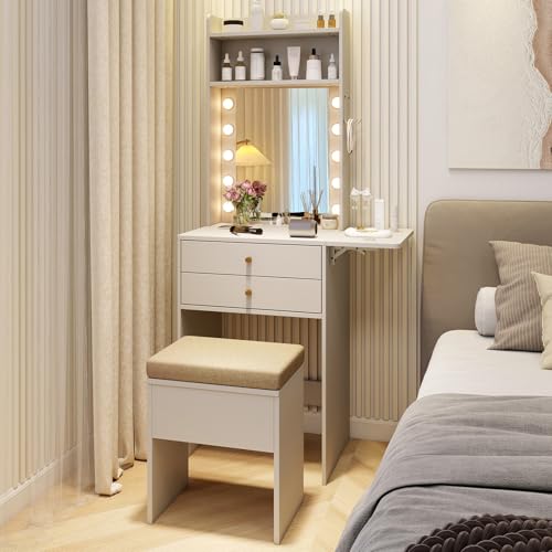 CHARMAID Compact Girls Vanity Desk with LED Mirror, 20-Inch Narrow Tall Makeup Table for Small Bedrooms, Foldable Side Panel, 2 Drawers & Shelves, Charging Station, Storage Stool, White - color: White, size: 20"W (With Stool)