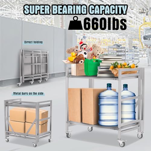 2 Shelf Rolling Cart with Wheels, 660lbs Capacity Collapsible Steel Rolling Utility Cart, Heavy-Duty Foldable Workbench, Metal Rolling Storage Cart with Handle for Groceries, Warehouse (36" Lx26 W) - color: Plate 660lbs Capacity