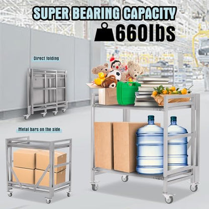 2 Shelf Rolling Cart with Wheels, 660lbs Capacity Collapsible Steel Rolling Utility Cart, Heavy-Duty Foldable Workbench, Metal Rolling Storage Cart with Handle for Groceries, Warehouse (36" Lx26 W) - color: Plate 660lbs Capacity