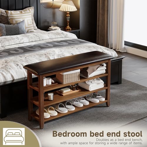 Shoe Bench with Leather Cushion,Rubberwood Bench with Shoe Rack | 3-Tier Shoe Storage Organizer for Entryway,Hallway,Living Room - size: 3-Tier-39.4"