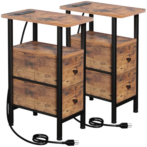 LOAKEKEL Narrow Nightstand with Charging Station, End Tables Living Room Set of 2, Skinny Side Table with Fabric Drawers, Slim Sofa Table for Bedroom, Small Spaces, Couch, Rustic Brown, HETNDP02PBR - color: Rustic Brown, style: Power