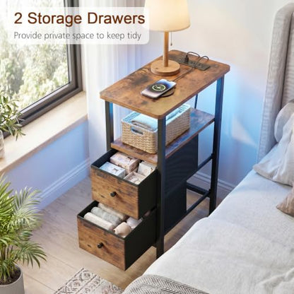 LOAKEKEL Narrow Nightstand with Charging Station, End Tables Living Room | Set of 2, Skinny Side Table with 2 Fabric Drawers, Small Sofa Table with LED Light for Bedroom, Brown - color: Rustic Brown + Black, style: Power + Light