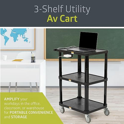 Pearington 3-Shelf Mobile Utility Cart with 3 Outlets and 8' Cord, Heavy-Duty Service Cart for Offices and Warehouses with 3 Shelves, Black, 2 Pack - size: 2 Pack