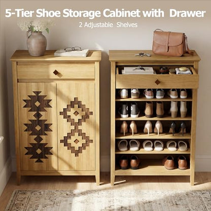 5-Tier Shoe Cabinet with Drawers, Wooden Shoe Storage Cabinet with Adjustable Shelves,Simple Tribal Style Freestanding Walnut Shoe Cabinet Suitable for Entrance,Corridor,Cloakroom,Natural（1pcs）
