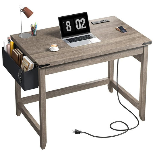 EnHomee 32" Farmhouse Writing Desk,Small Bedroom Desk with Power Outlet and Storage Bag, Sturdy Computer Desk for Small Spaces, Thickened Solid,Compact Home Office Desk for Bedroom Study,Ash Gray - color: Ash Gray, size: 32inch with Storage Bag