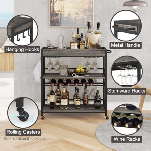 Bar Cart, Home Bar Serving Cart on Wheels, Mobile 3 Tier Liquor Beverage Carts with Wine Rack and Glass Holder (Grey Oak) - color: Grey Oak, size: 14.17"D x 37.01"W x 35.23"H