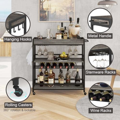 Bar Cart, Home Bar Serving Cart on Wheels, Mobile 3 Tier Liquor Beverage Carts with Wine Rack and Glass Holder (Grey Oak) - color: Grey Oak, size: 14.17"D x 37.01"W x 35.23"H