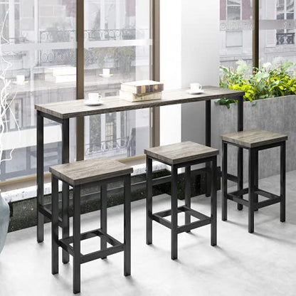 4-Piece Counter Height Extra Long Dining Table Set, Bar Table Set with 3 Stools, Side Table with Footrest Pub Kitchen Set (Gray) - color: Grey