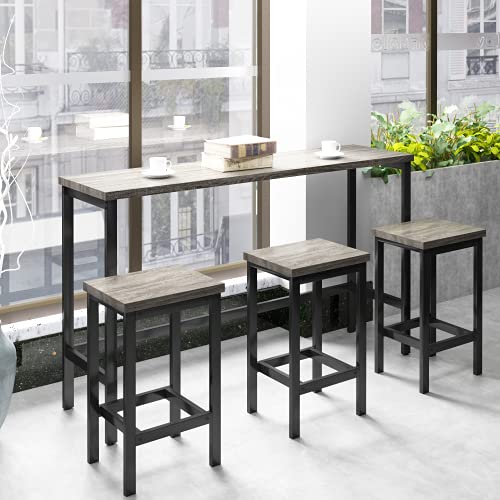 4-Piece Counter Height Extra Long Dining Table Set, Bar Table Set with 3 Stools, Side Table with Footrest Pub Kitchen Set (Gray) - color: Grey