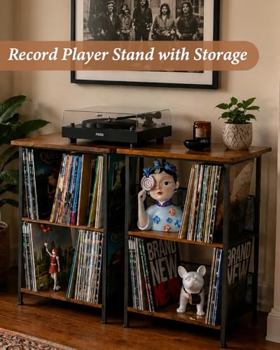 Honkazita 3 Tier Vinyl Record Storage Table Wooden Turntable Stand | holds up to 200 albums, now playing vinyl record stand, small bedside nightstand for bedroom, music room record organizer