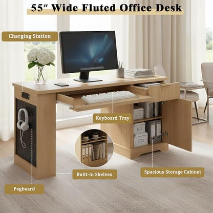 55" Modern Fluted Office Desk with Storage Cabinet & Drawers, Computer Writing Desk with Power Outlet, Pegboard, Built-in Shelves & Keyboard Tray for Study, Home Office (Light Oak) - color: Light Oak