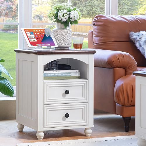 RWYHG 18" Night Stand with Charger Station, Nightstand with 2 Drawers | Farmhouse Modern Bedside Table, Open Storage Shelf, Solid Wood Legs, White Bed Side End Tables for Bedroom Living Room - color: Elegant White, size: 18"D x 18"W x 24"H (2 Drawers)