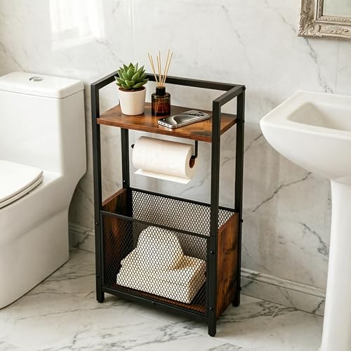 Toilet Paper Holder Free Standing, Black Toilet Paper Holder Stand, Freestanding Toilet Paper Holder for Bathroom Tissue Holder Roll Holder, Magazines, Wipes