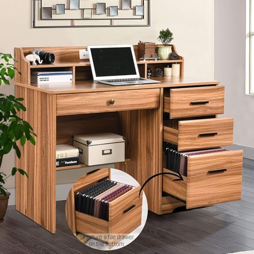 Catrimown Computer Desk with 4 Drawers and Hutch, Home Office Desk with File Drawer, 44” Rustic Oak Wood Desk, Study Table for Bedroom, Rustic Oak - color: Rustic Oak