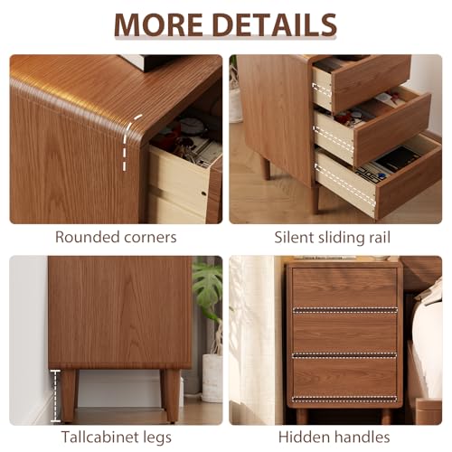Tall Nightstand Walnut Night Stand with 3 Drawers Mid Century Modern Nightstand with Storage,Solid Wood Night Stand,Small Bedside Table for Bedroom,Living Room,Office,Walnut Bedside Table - color: Deep Walnut, style: 3 drawers