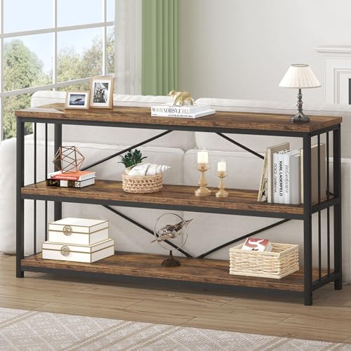 HSH Horizontal Bookshelf, Wood Metal Low Bookcase with Storage, Open 3 Tier Etagere Book Shelf for Office Bedroom Living Room, Rustic Brown, 55 Inch - color: Rustic Brown, size: 55 Inch