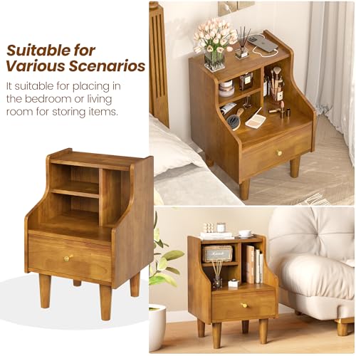 Solid Wood Nightstand with Drawers, Bookshelf Nightstand, Mid Century Modern Nightstands, Small Wood Night Stand with Open Shelf, Wooden End Side Table with Storage for Bedroom, Living Room (Walnut) - style: Bookshelf Nightstand